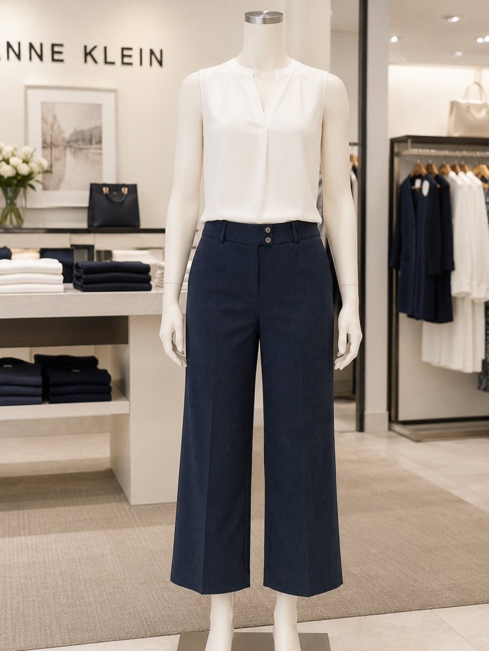 Anne Klein Navy Windowpane Cropped Wide Leg Career Pants Size 6